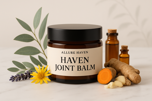 Haven Joint Balm - main ingredients blend of herbal extracts, oils and plant butters - with Allure Haven brand Label
