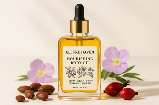 Nourishing Body Oil - main ingredients Jojoba, Argan , Evening Primrose and Rosehip - with Allure Haven brand Label