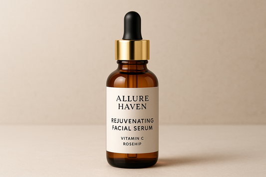 Rejuvenating Facial Serum bottle - main ingredients Vitamin C Rosehip - with Allure Haven brand Label